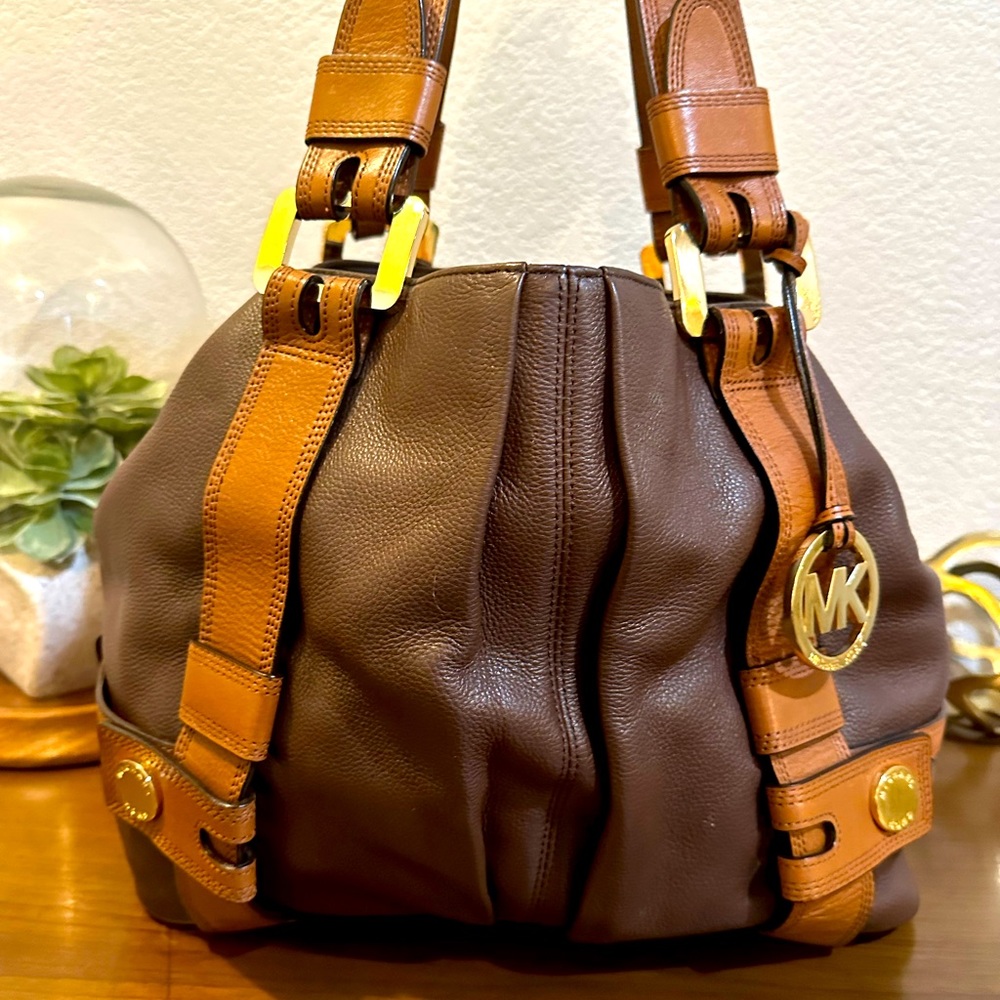 Michael Kors Large Harness Grab Bag Brown and Tan Leather Tote Bag/Work Bag